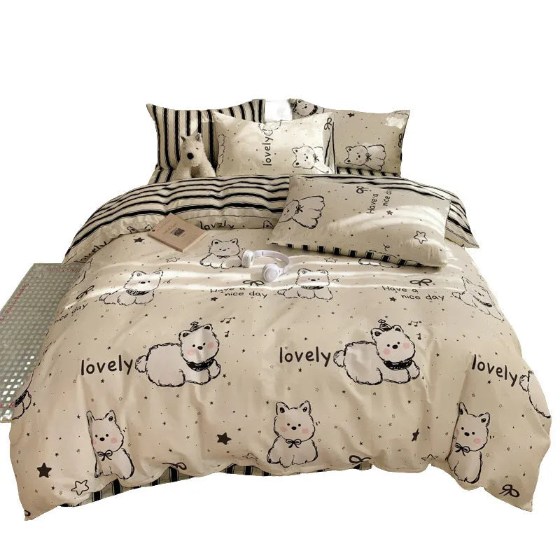 Cartoon dog pattern cotton bedding four-piece set with duvet cover and fitted sheet