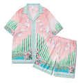 Men's plaid print polyester beach shirt and matching trousers casual outfit set.