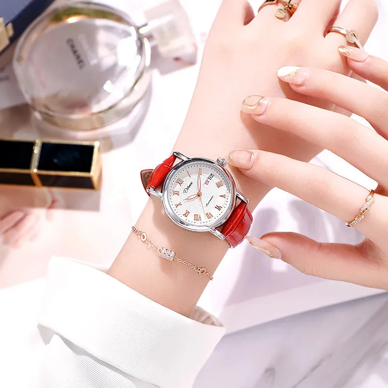 6023B automatic women's mechanical watch in steel and leather strap options on wrist