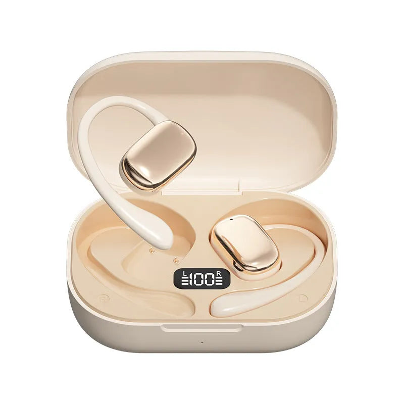 Ear-mounted headphones with digital display screen in black, skin colour, or white colour options
