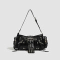 Black retro shoulder handbag with dumpling shape design and multiple compartments