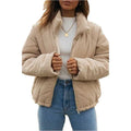 Apricot-colour women's corduroy jacket with a stand collar, long sleeves, and a front zip.