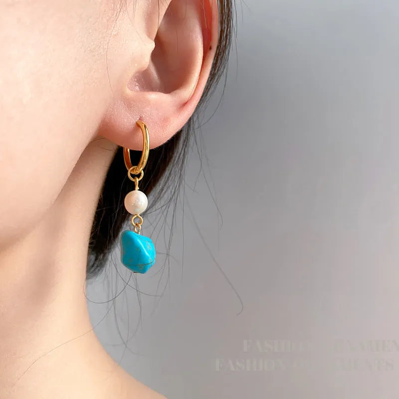 Turquoise and cultured pearl geometric earring set with short stud and long dangle copper earrings