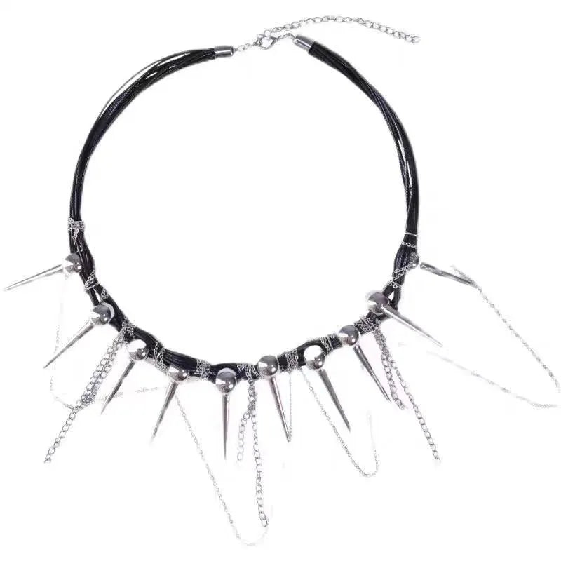 Women's leather necklace with winding rivet beads and a tassel in casual style.