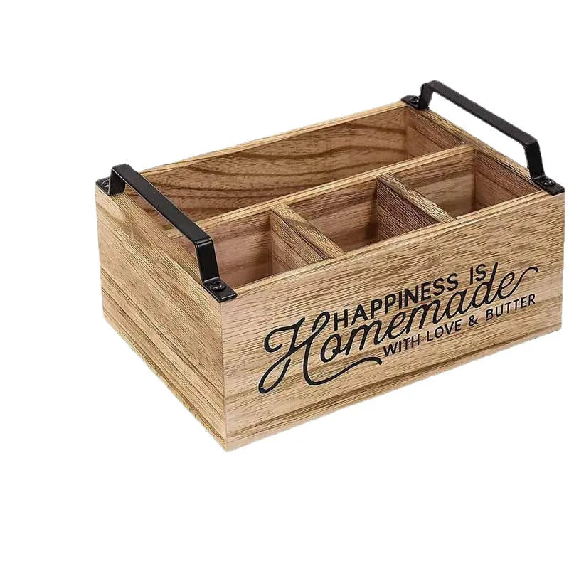 Large wooden kitchen storage box with grid dividers for organising cutlery and utensils