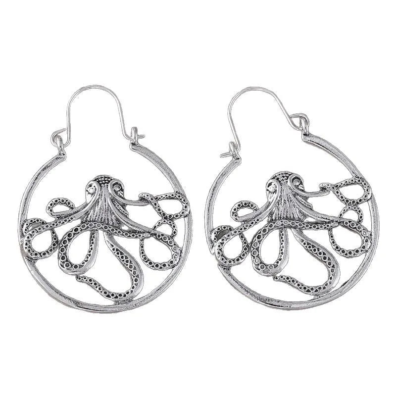 Octopus earrings antique silver finish zinc alloy electroplated retro style