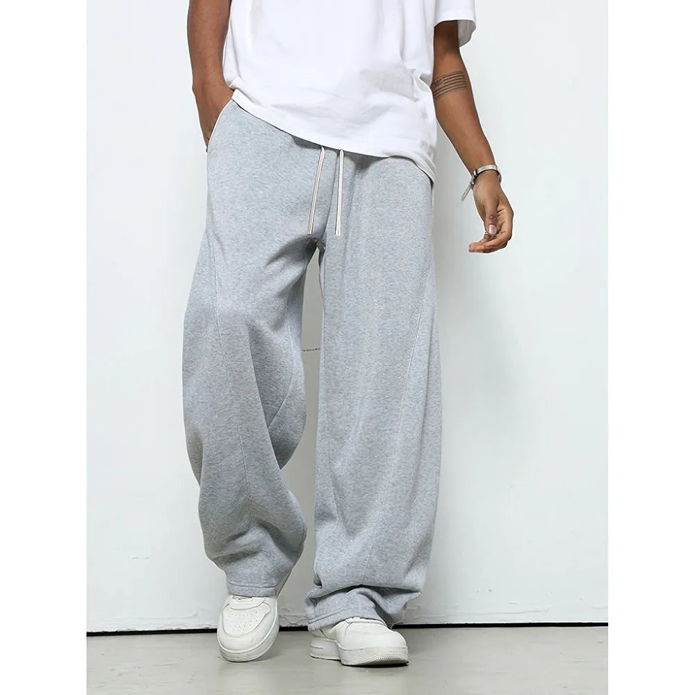 Men's straight-leg casual trousers in black polyester with a drawstring waistband