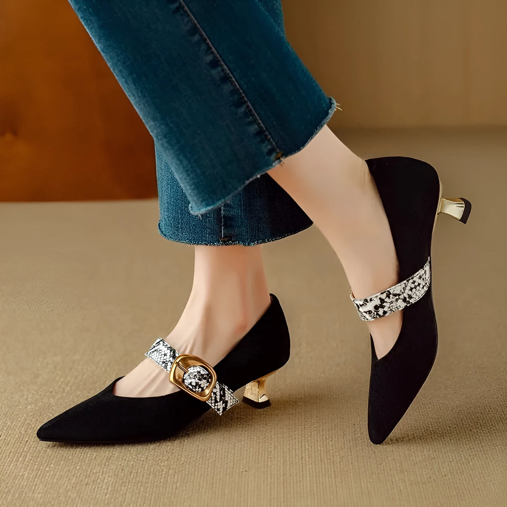 Women's black French pointed toe high heel shoes with stiletto heel and ankle buckle closure