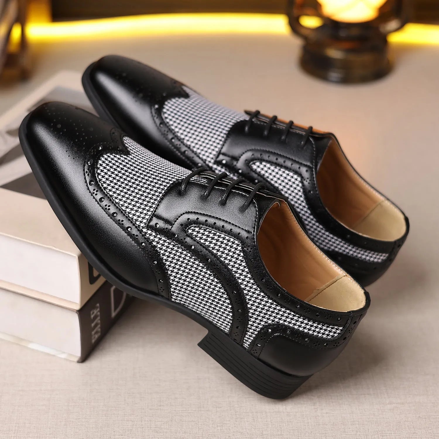 Men's houndstooth pattern casual shoes in black with a square toe and lace-up front.