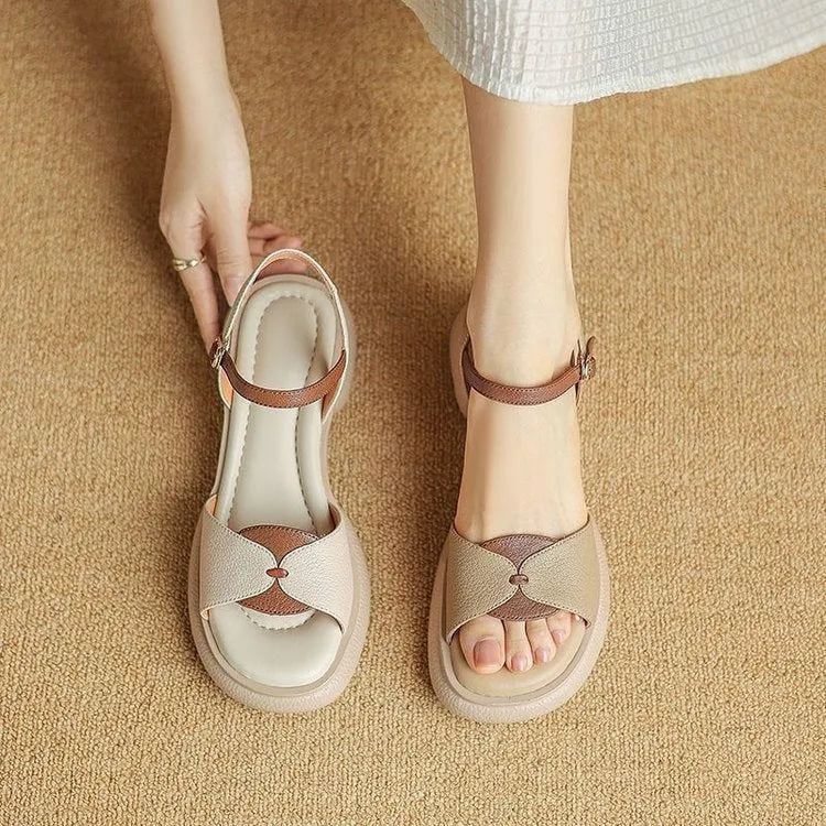 Women's beige chunky heel platform sandals with open toe and renewable leather upper