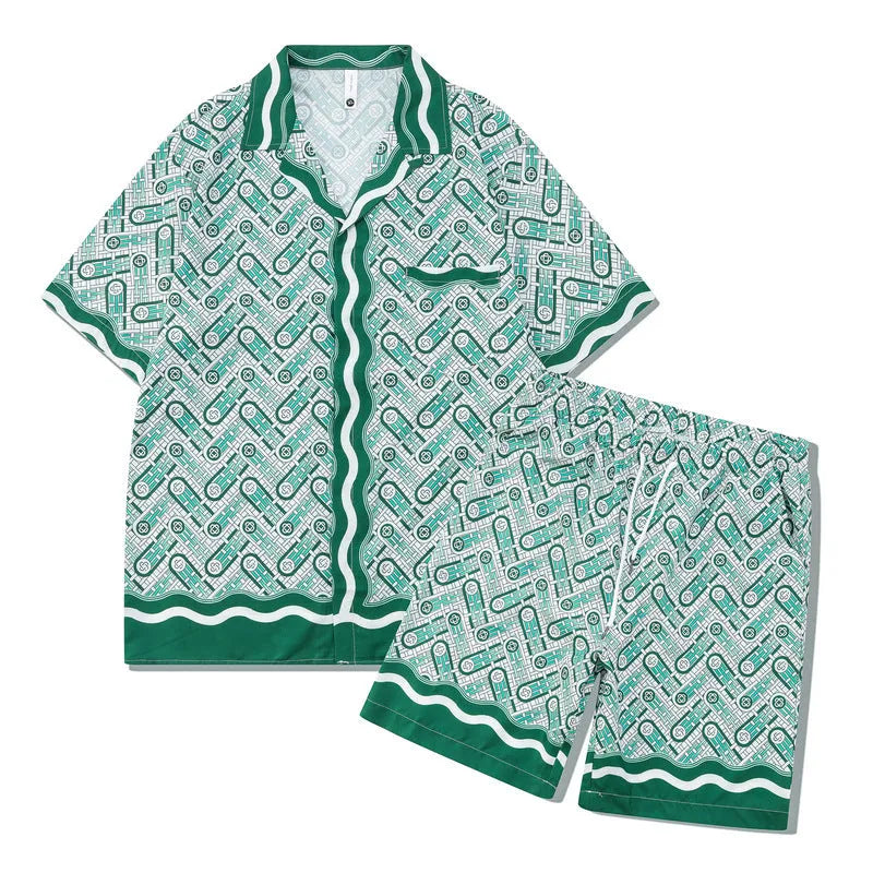 Men's plaid print polyester beach shirt and matching trousers casual outfit set.