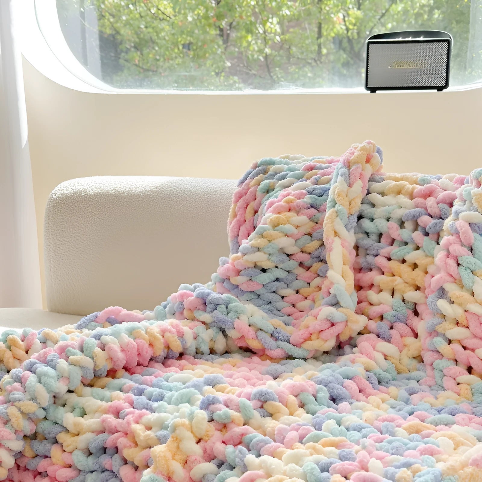 Handmade thick chenille cover blanket with striped pattern in caramel mango colour, size 130x170cm.