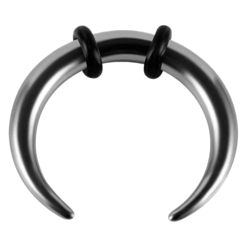 316L steel C-shaped nose ring in black and steel colour on a plain background, showing geometric shape.