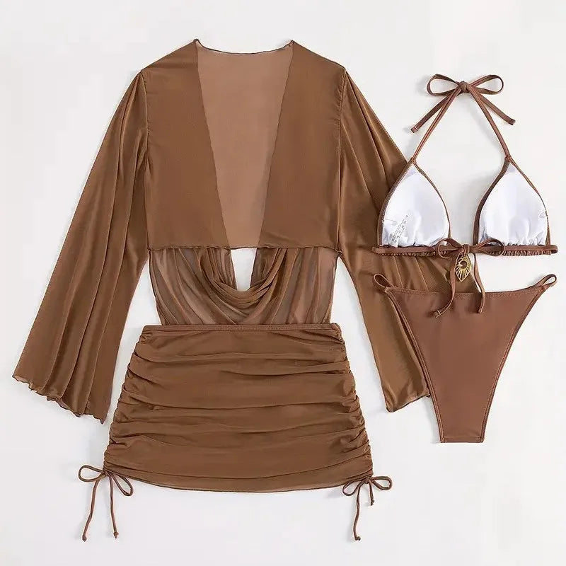 Dark brown women's bikini set with lace-up front and backless design on a mannequin.