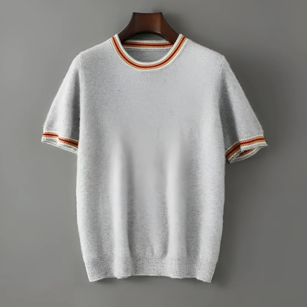 Men's pure wool short sleeve pullover sweater in round neck design shown in white, grey and black colours