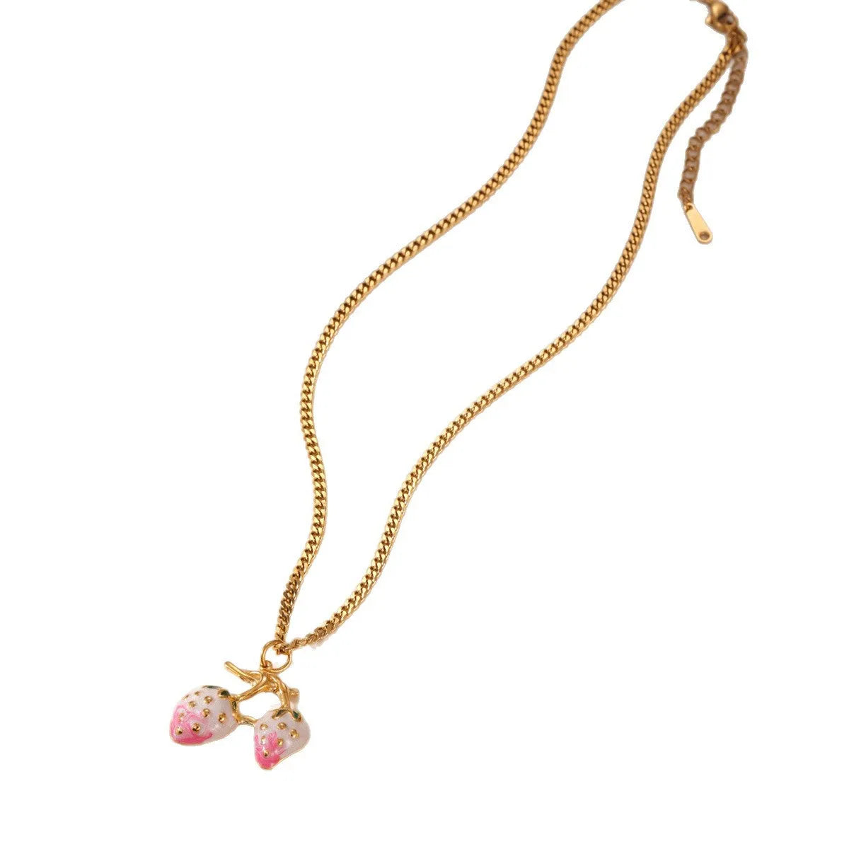 Stainless steel strawberry fruit pendant necklace with white powder gradient finish and red charm