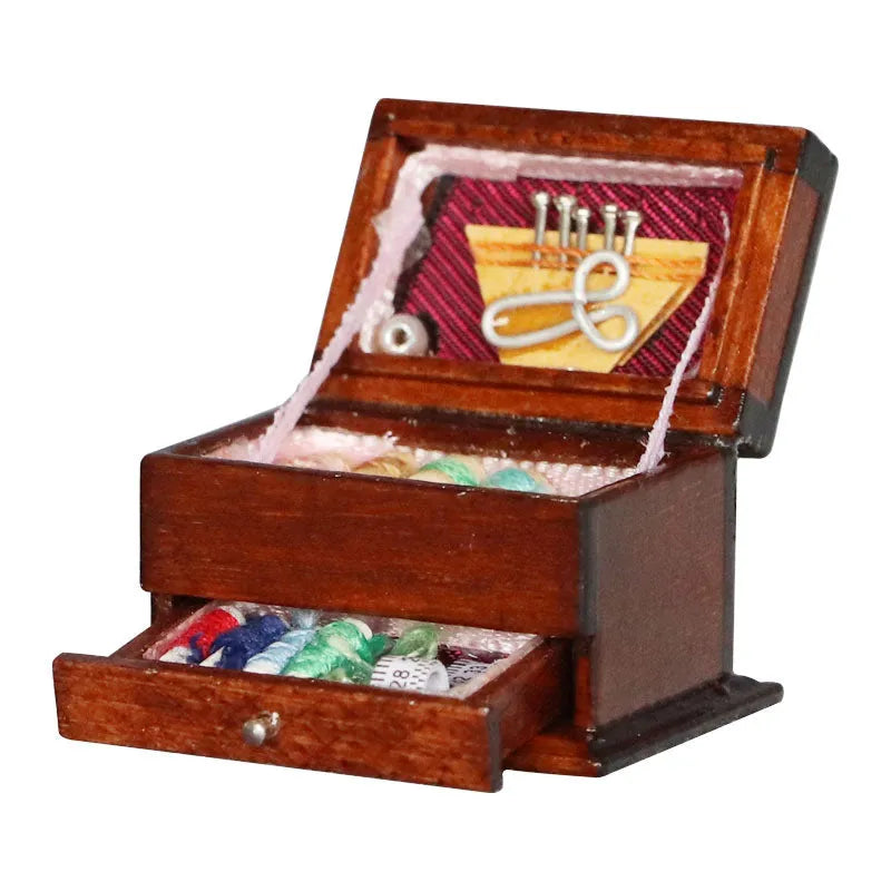 European-style miniature wooden sewing kit box made of birch, showing double layer design and compact size.