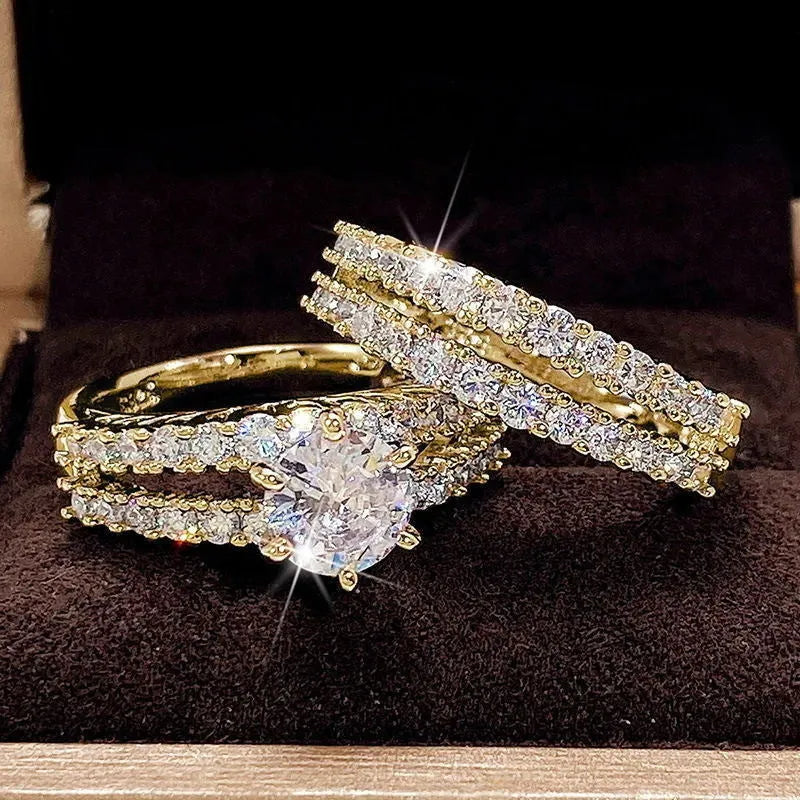 2 in 1 geometric ring set for women in silver, gold, and rose gold colours showing fully-jewelled design