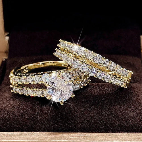 2 in 1 geometric ring set for women in silver, gold, and rose gold colours showing fully-jewelled design
