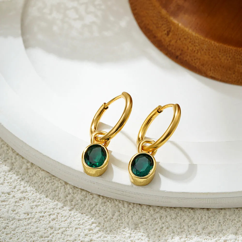 Women's retro oval zircon earrings in copper with ellipse detailing shown in six colour variants