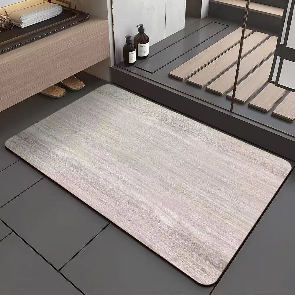 American-style square diatom ooze floor mat with a wood grain geometric pattern, shown in a bathroom setting.