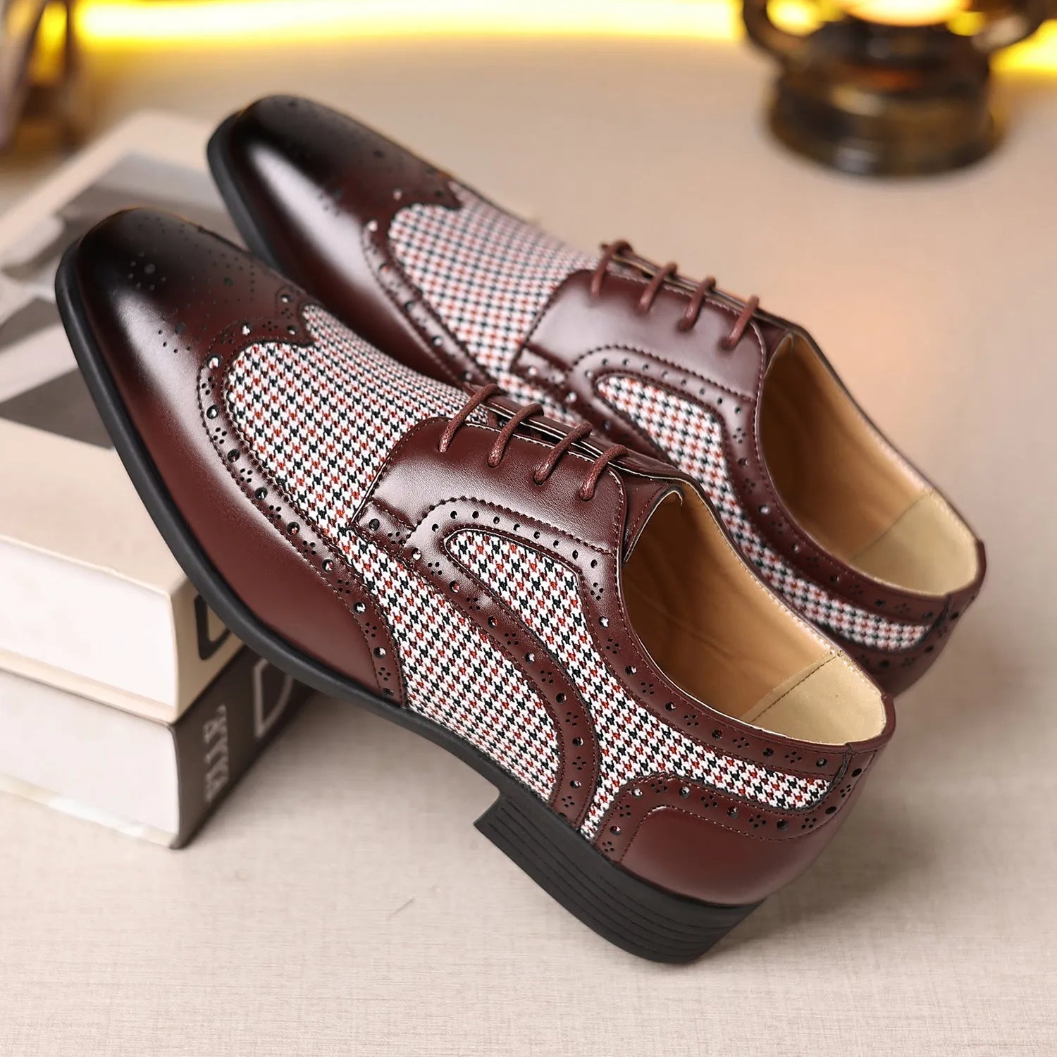 Men's houndstooth pattern casual shoes in black with a square toe and lace-up front.