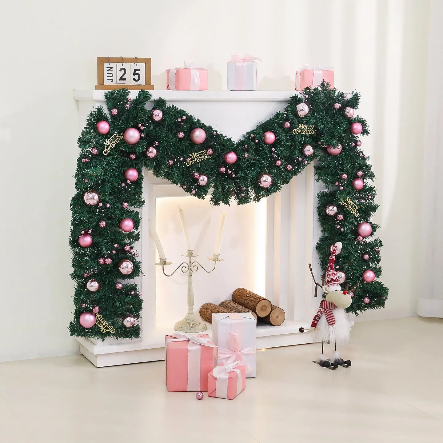 2.7 metre pink Christmas rattan wall decoration with 240 LED lights and wrought iron frame