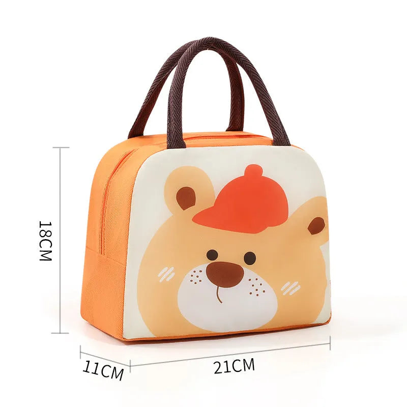 Cartoon insulated lunch box bag for children in Orange Bear design with zip closure.