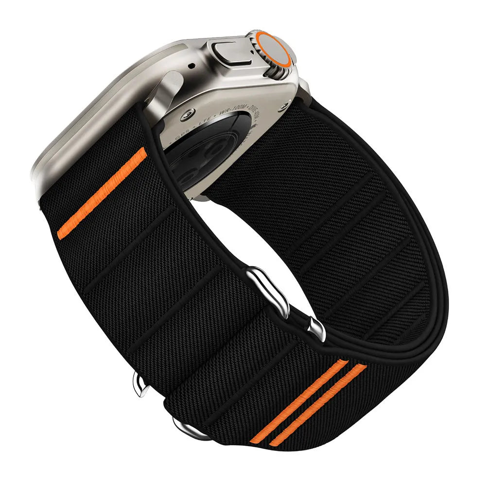 Elastic nylon Apple Watch band with stainless steel buckle in multiple colour options