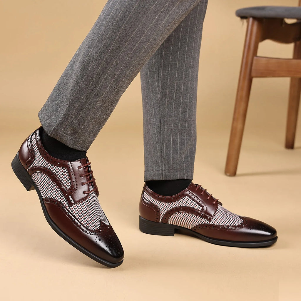 Men's houndstooth pattern casual shoes in black with a square toe and lace-up front.