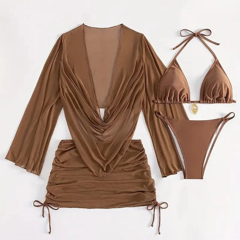 Dark brown women's bikini set with lace-up front and backless design on a mannequin.