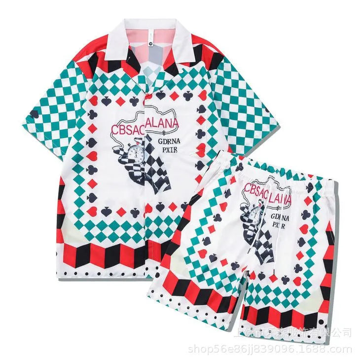 Men's plaid print polyester beach shirt and matching trousers casual outfit set.
