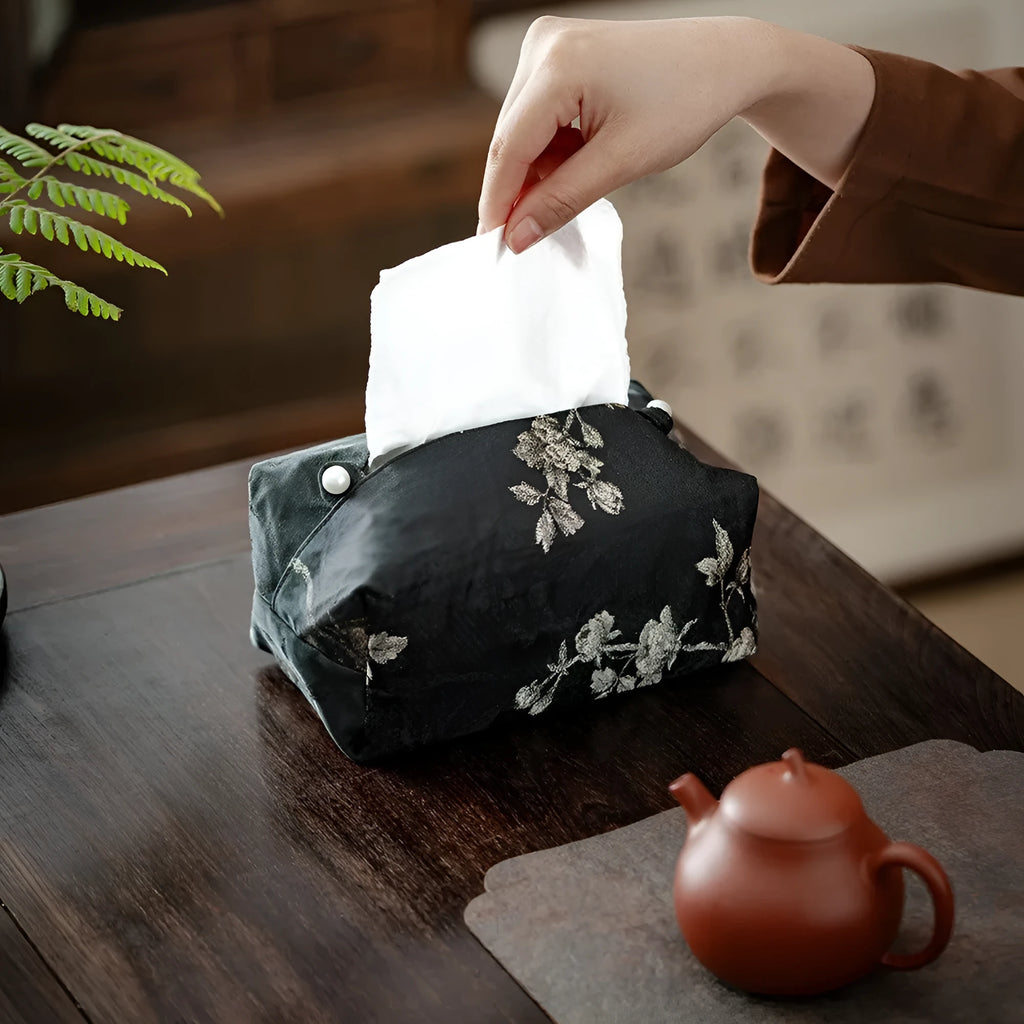 New Chinese brocade style fabric tissue box cover with white plum embroidery pattern.