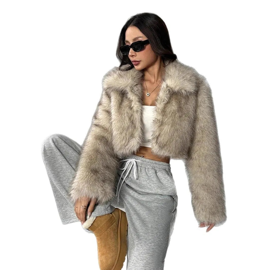 Short-length artificial fur coat with a thick fur collar, shown in one of six available colour options.