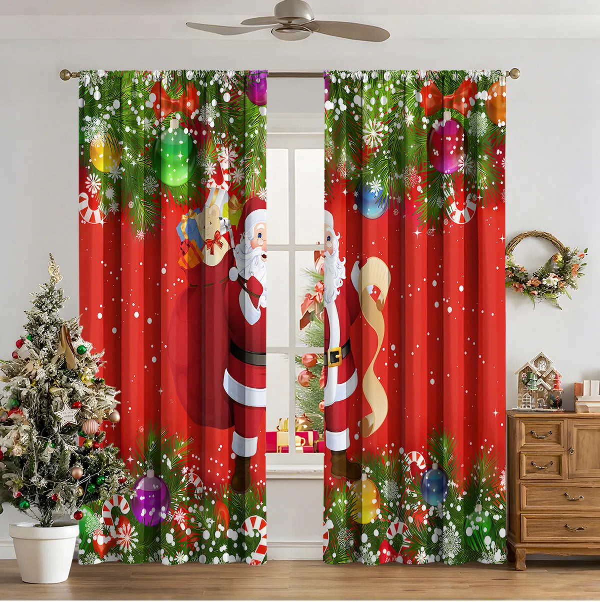 3D digital printed Christmas curtain in a modern European style, showing festive pattern and fabric texture.