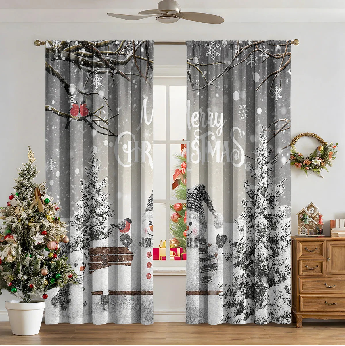 3D digital printed Christmas curtain in a modern European style, showing festive pattern and fabric texture.