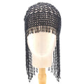 Handmade silver belly dance hat with beaded alloy tile and long black tassels.