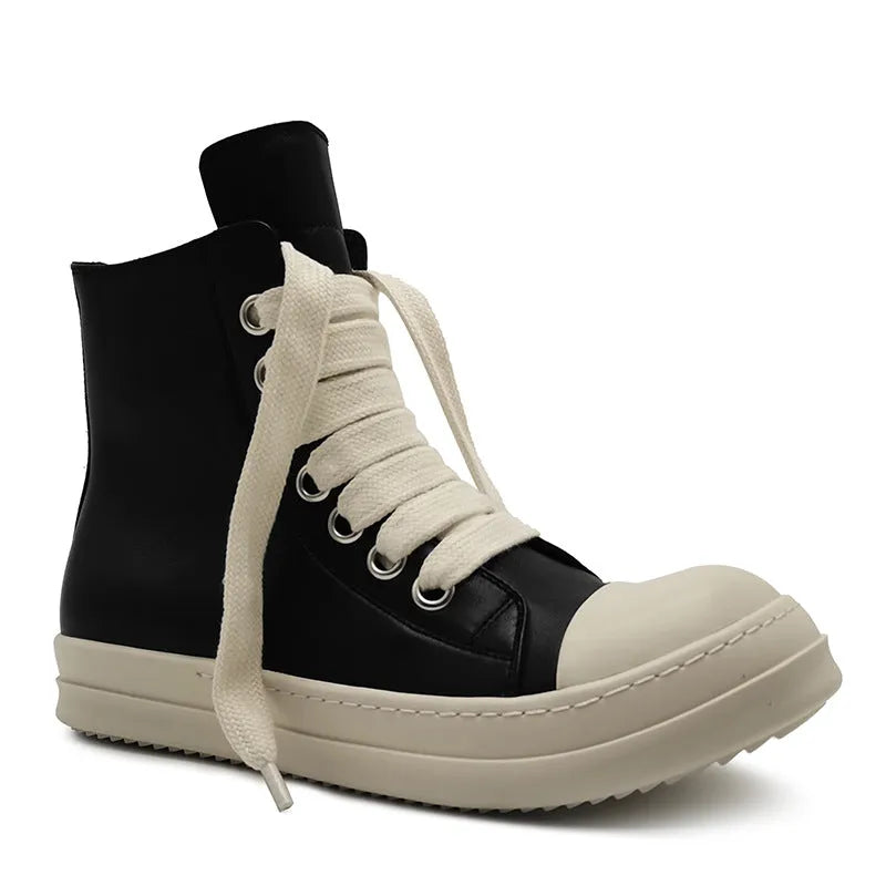 Men's black high-top leather sneakers with a side zip on a white background