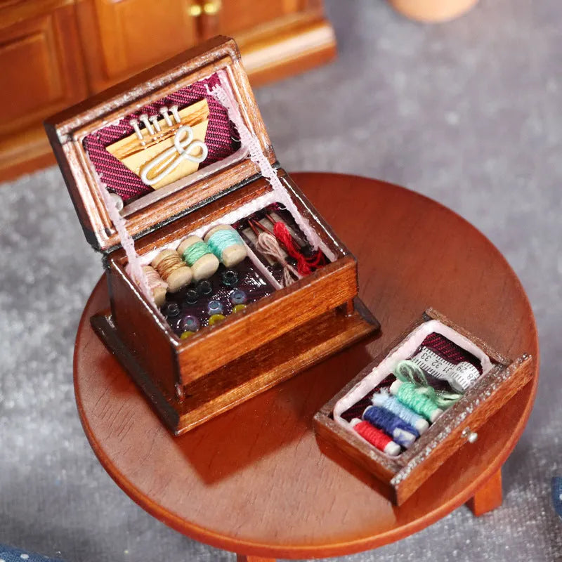 European-style miniature wooden sewing kit box made of birch, showing double layer design and compact size.