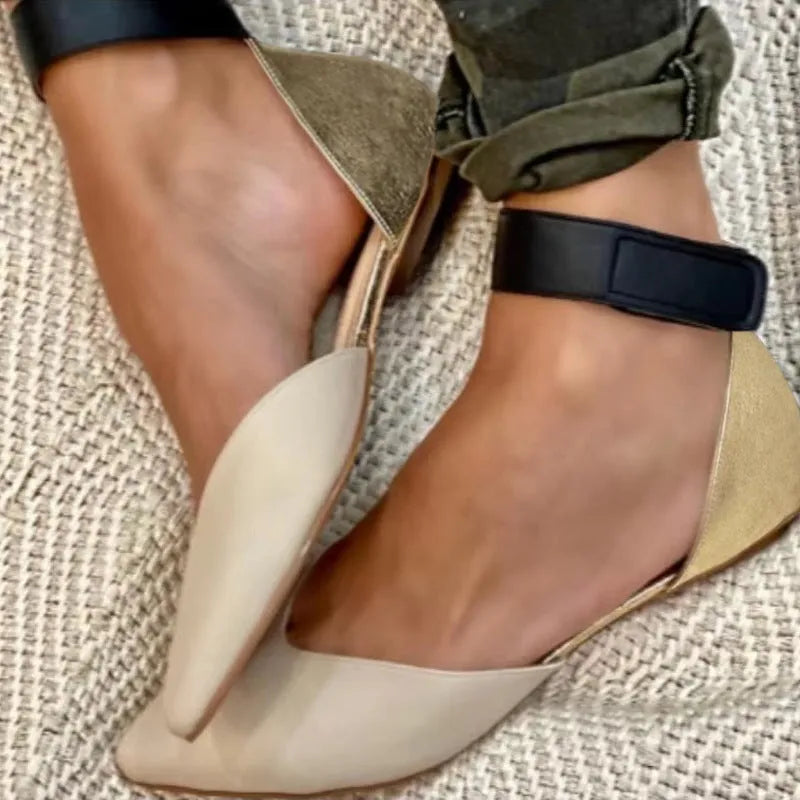 Women's velcro fasten hollowed sandals in beige with flat heel