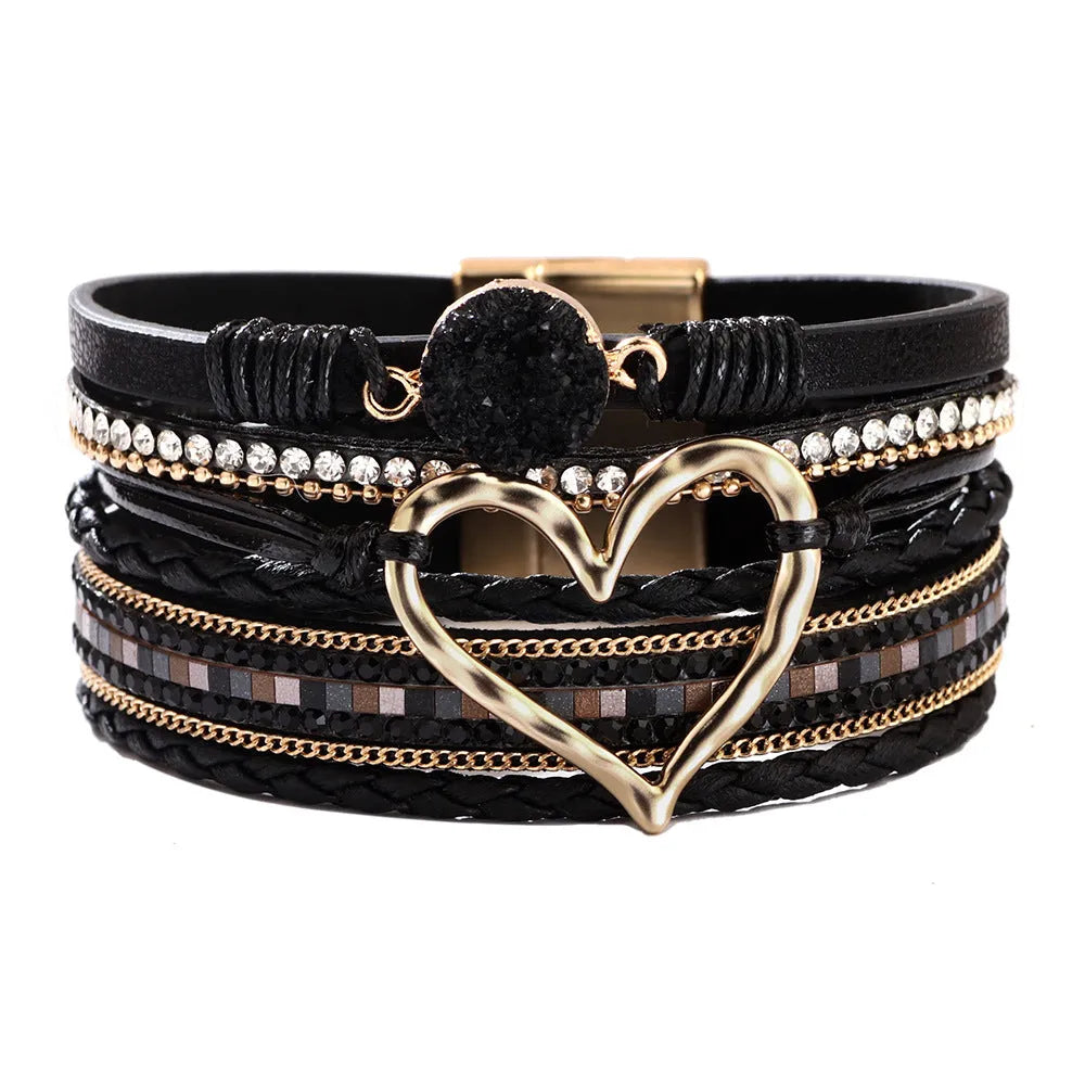 Women's heart shape PU leather bracelet with electroplated finish 19cm long black
