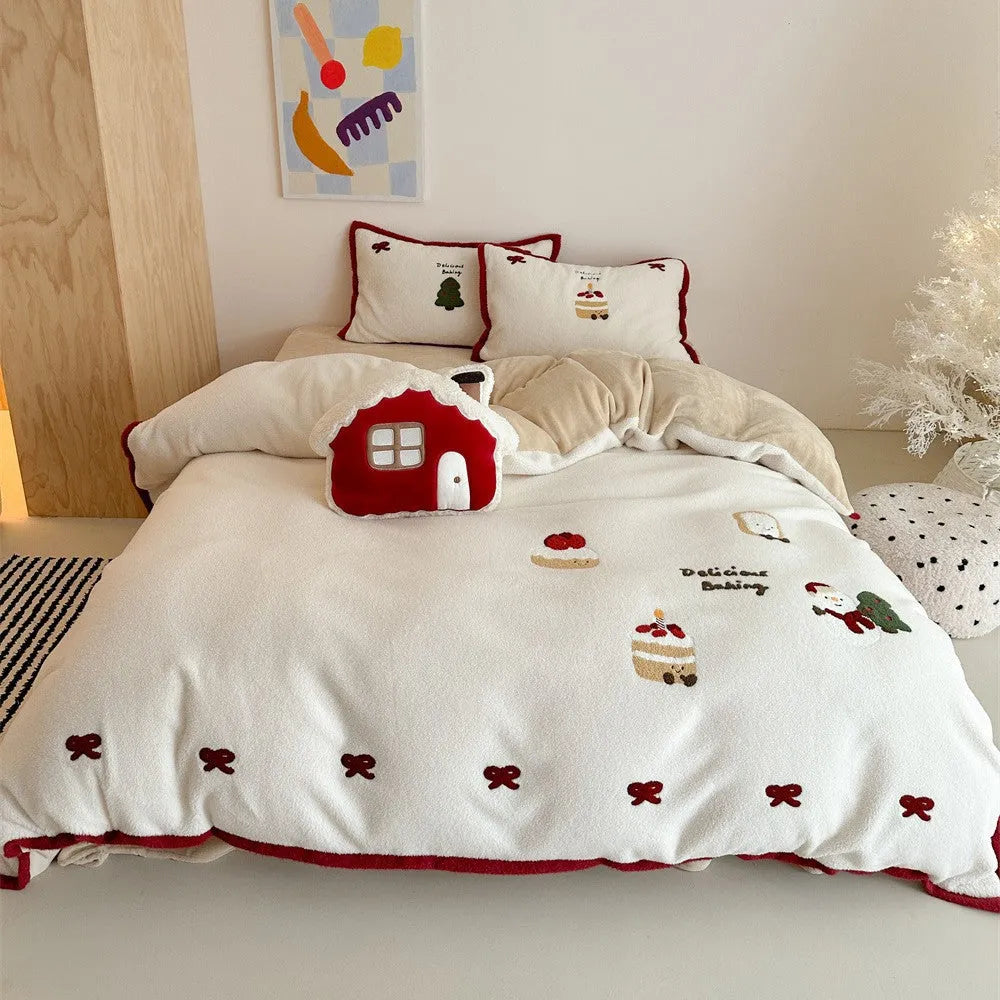 Girl's Christmas cartoon bedding four-piece set with Snow House Milk Pastry pattern on polyester fabric