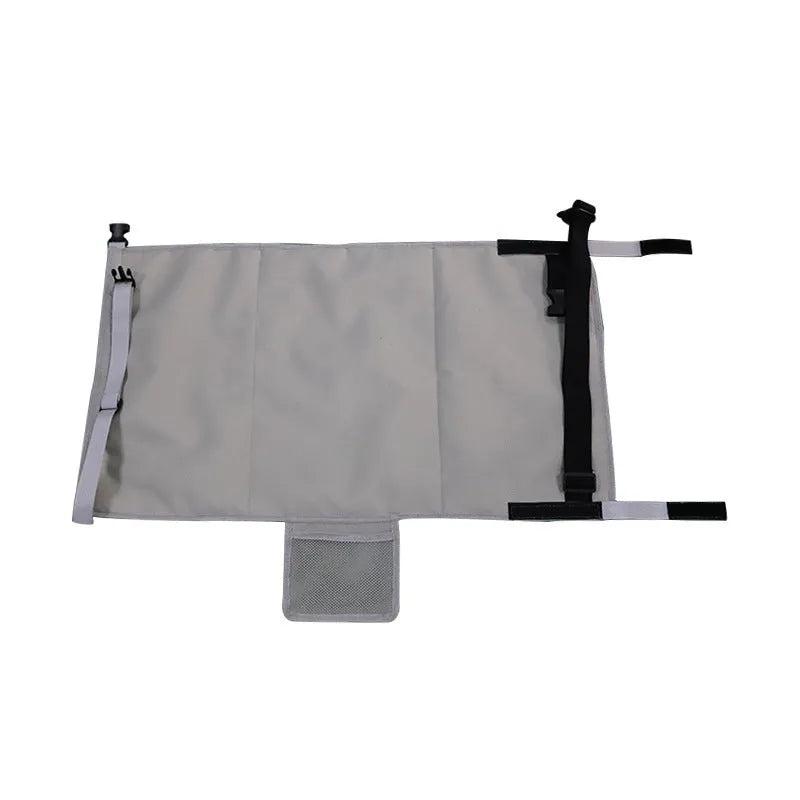 Portable children's aircraft pedal seat extender in blue, black, and grey colours with drawstring storage pocket