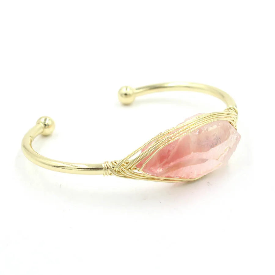 Natural raw gemstone bracelet with 8mm amorphous crystal beads on an adjustable open band.