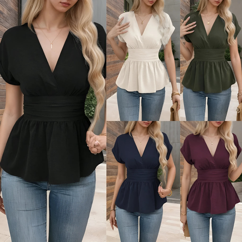 Women's black V-neck summer top with short sleeves and a pleated waist detail, slim fit.