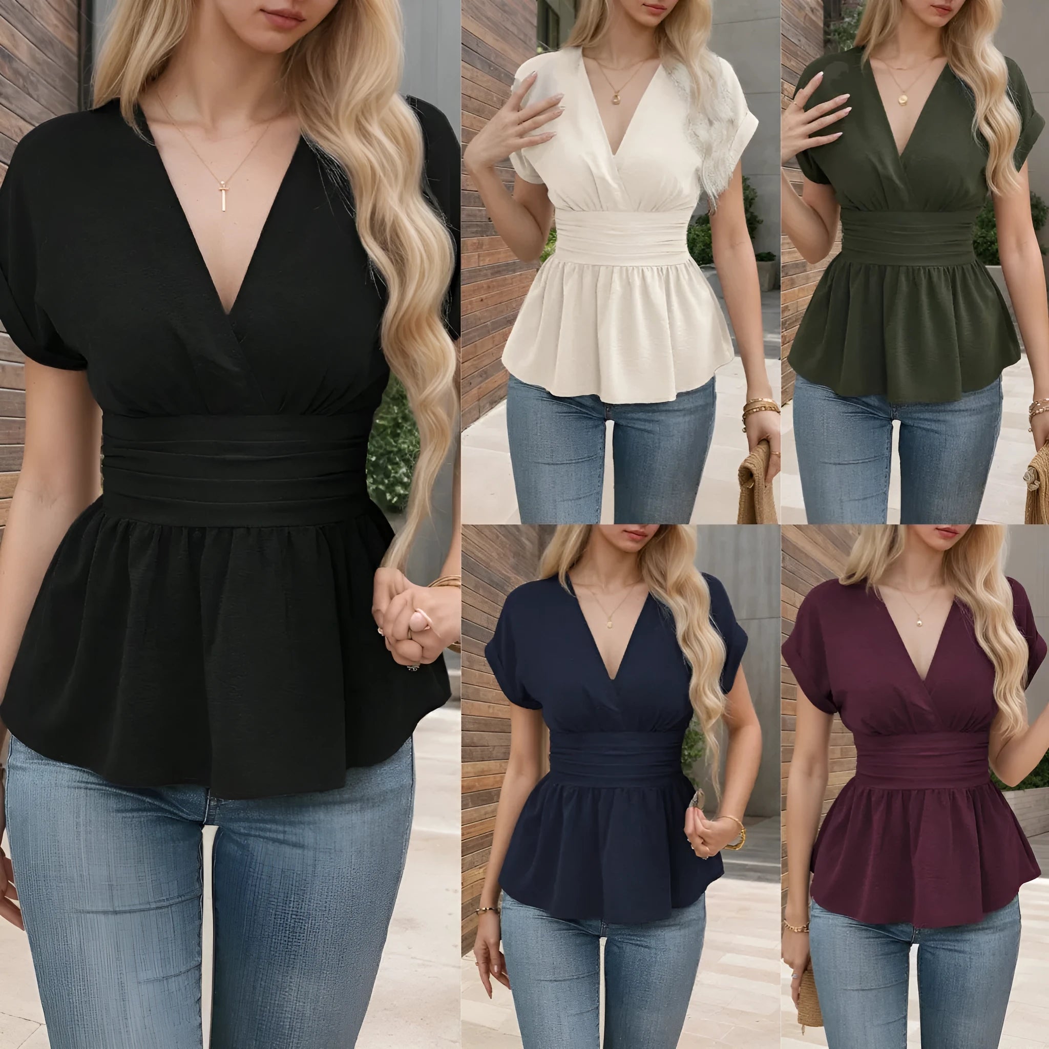 Women's black V-neck summer top with short sleeves and a pleated waist detail, slim fit.