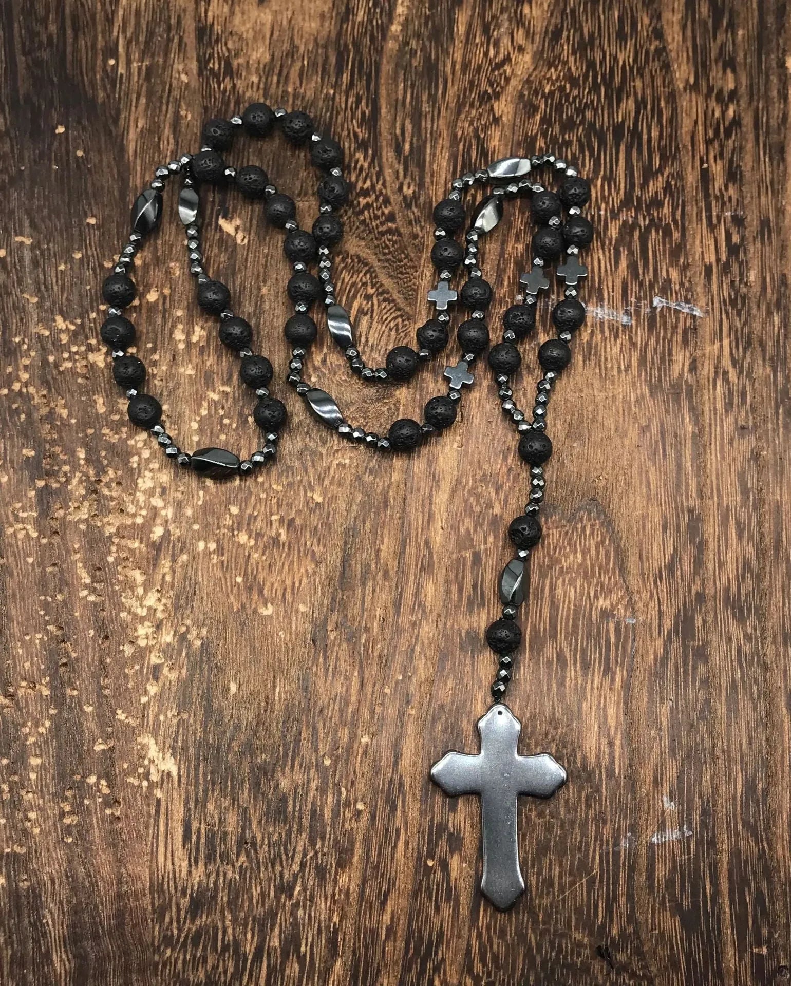 Men's stone cross pendant necklace on an 80cm ball bead chain with a safety lock