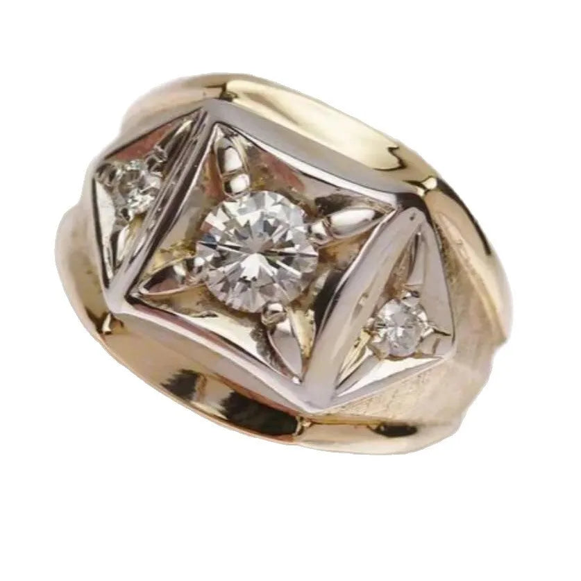 Gold geometric hollow couple rings with wide face design and chamfered square patterns