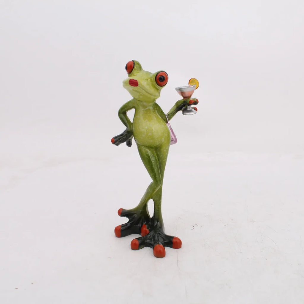 Pastoral style synthetic resin frog figurine home decoration on a wooden surface.
