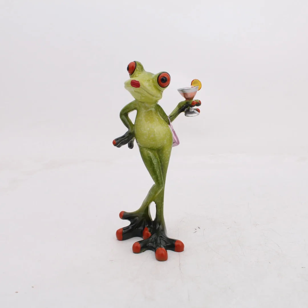 Pastoral style synthetic resin frog figurine home decoration on a wooden surface.